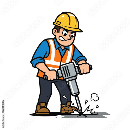 Construction worker operating a jackhammer, breaking concrete pavement with force and determination.