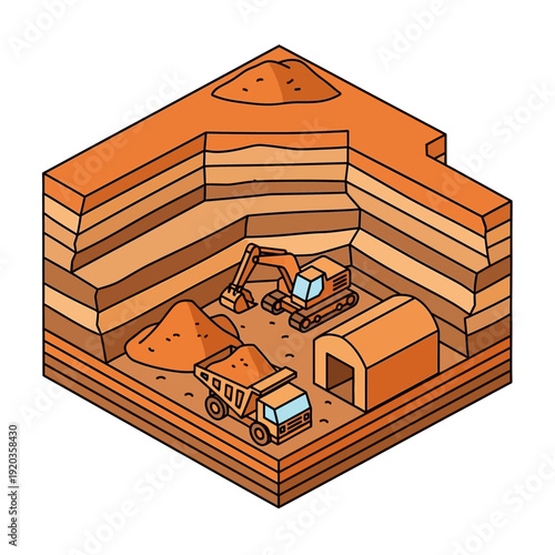 Isometric illustration of a mining site with excavator and dump truck.