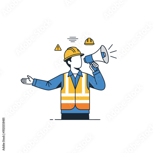 Construction worker with megaphone and hard hat, safety announcement, warning sign