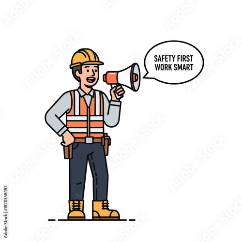 Construction worker with megaphone announcing safety first, work smart message