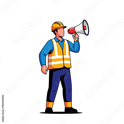 Construction worker with megaphone announcing safety instructions on a white background