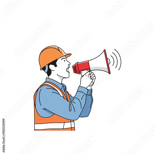 Construction worker in hard hat and safety vest shouting into a megaphone, announcing something