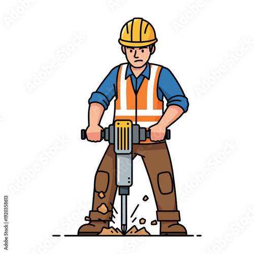 Construction worker operating a jackhammer, breaking ground with dust and debris flying.