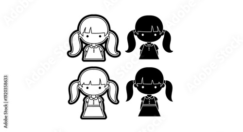 Four black and white cartoon icons depicting young girls with pigtails and simple dresses high quality professional detailed