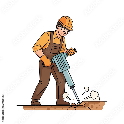 Construction worker operating a jackhammer to break concrete ground