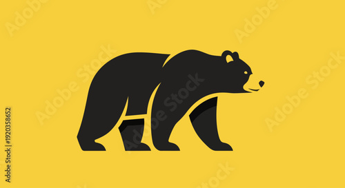 Stylized Black Bear Silhouette Walking, Graphic Design, Yellow Background
