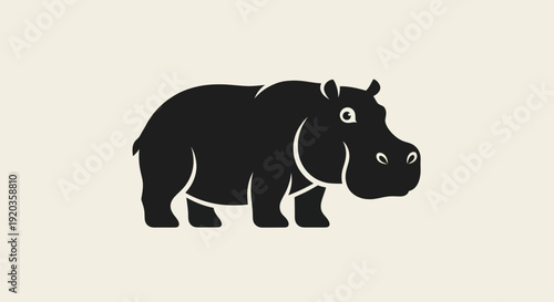 Stylized Black Hippopotamus Silhouette Icon on Cream Background