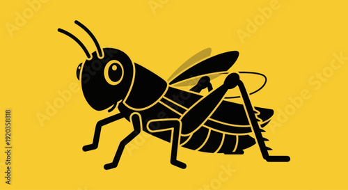 Stylized Black Grasshopper Insect Icon on Yellow Background