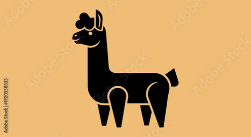 Stylized Black Llama Icon on Ochre Background - Flat Design