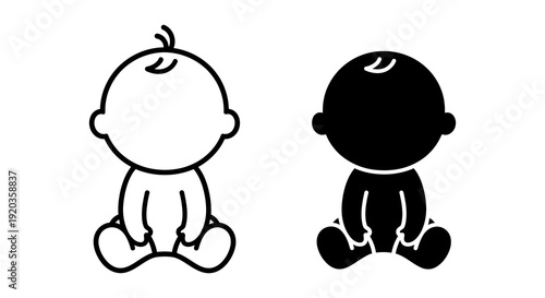 Two simple black and white cartoon illustrations of babies sitting with crossed legs high quality professional