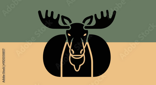 Stylized Black Moose Head Silhouette on Green and Beige Background