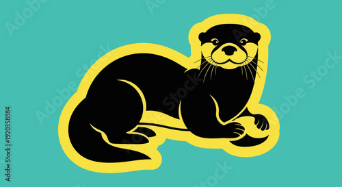 Photography Stylized Black Otter Silhouette with Yellow Outline on Teal Background