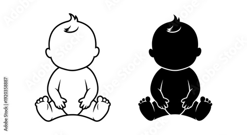 Two simplified cartoon baby illustrations one white and one black are shown in a seated position