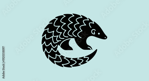 Stylized Black Pangolin Silhouette Curled in Circle on Light Blue Background