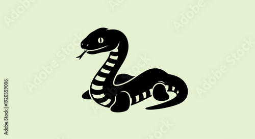Stylized Black Snake Illustration with Striped Body on Light Green Background