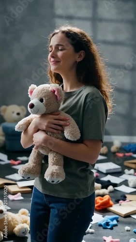Young woman expressing emotions while holding a stuffed bear amid a disorganized room filled with toys and colorful papers
