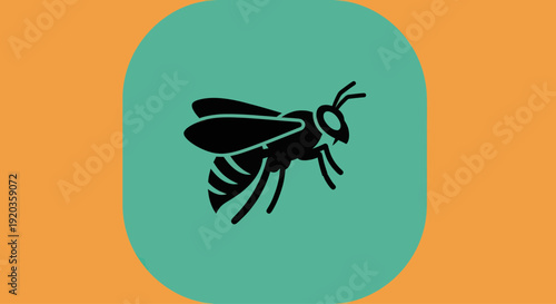 Stylized Black Wasp Icon on Teal Circle Background, Orange Border