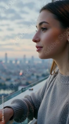 Young woman with long hair gazing thoughtfully at a city skyline during twilight, reflecting calmness and contemplation