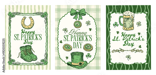 Patrick Greeting Card Poster Vector Set Collection Vintage Handdrawn Boots Horseshoe Shamrock Lucky Design
