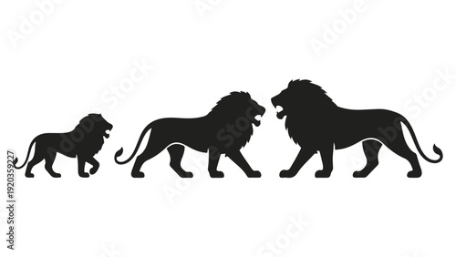 A powerful silhouette graphic illustrating three lions in various stages of growth, representing the journey of development, family pride, and inherent strength within the animal kingdom