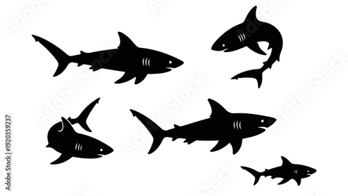 Set of Diverse Black Shark Silhouettes, Capturing the Power and Grace of Ocean Predators in Various Dynamic Poses, Ideal for Graphic Design and Underwater Themes