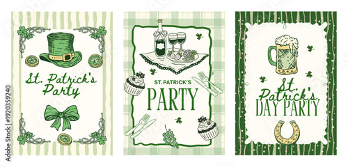 Patrick Party Invitation Greeting Card Poster Flyer Set Collection Vector Vintage Handdrawn Hat Bow Coins Shamrock