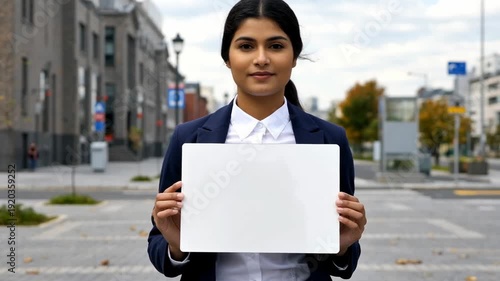Young woman in a formal suit holding a blank sign outdoors in an urban setting with cloudy skies