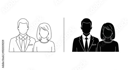 Minimalist vector illustration depicting two pairs of suited figures one white and one black high quality