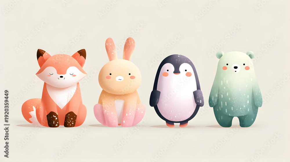 Obraz premium Kawaii Seasonal Animals Collection, Minimalist Chibi Fox Bunny Penguin and Bear with Soft Gradient Texture