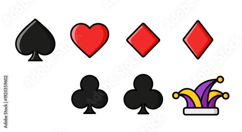 Playing Card Suits and Jester Hat Icons on White Background