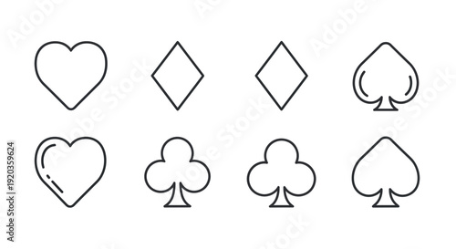 Playing Card Suits Icons Set, Simple Outline Symbols of Hearts, Diamonds, Clubs, Spades