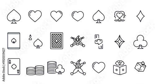 Playing Card Icons Set: Ace, King, Queen, Joker, Dice, Chips, Symbols