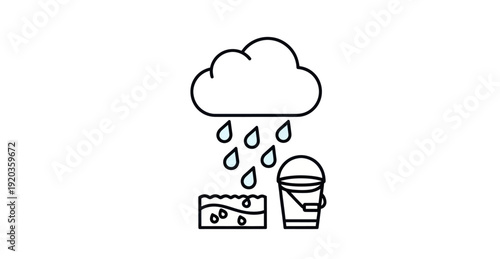 Rainy Day Icon: Cloud, Raindrops, Sponge, and Bucket Line Art