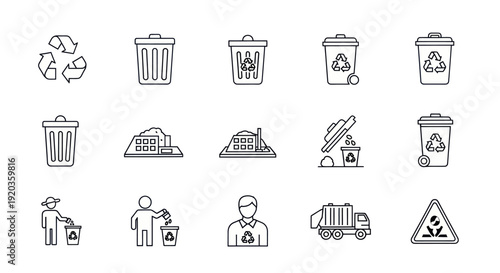 Recycling Icons Set: Bins, Truck, Man, Waste, Danger Symbol