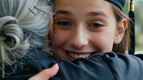 A joyful young woman wearing a graduation cap embraces an elderly woman in a warm and loving hug, showcasing celebration and familial bonds