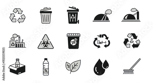 Recycling icons: trash cans, factory, biohazard, water drop, leaves, bottle