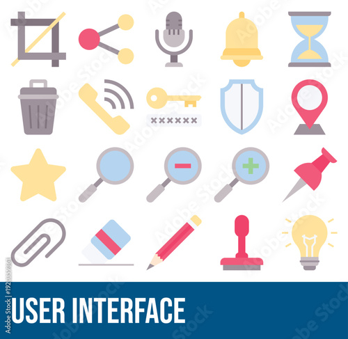 Set Of User Interface And User Essential Related Vector Icons Set. Flat Style Icon Set. 