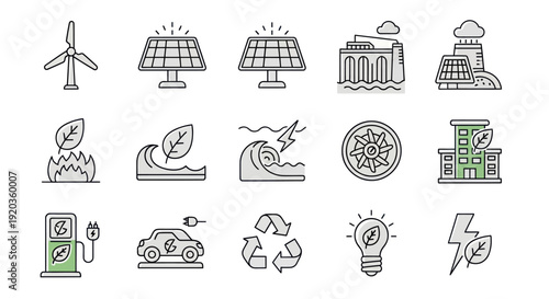 Renewable Energy Icons: Wind, Solar, Hydro, Geothermal, Electric Car, Recycling