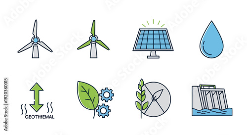 Renewable Energy Icons: Wind, Solar, Water, Geothermal, Biomass, Hydro