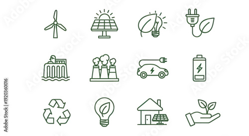 Renewable Energy Icons: Wind, Solar, Hydro, Eco-Friendly Technology
