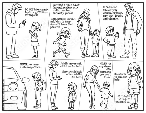A children's poster on the topic Stranger Danger. A coloring page with safety tips for kids.