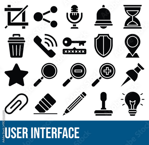 Set Of User Interface And User Essential Related Vector Icons Set. Black Solid Style Icon Set. 