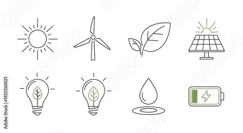 Renewable energy icons: sun, wind turbine, leaf, solar panel, light bulb, water drop, battery