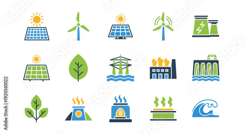 Renewable Energy Sources Icons: Solar, Wind, Hydro, Geothermal, Biomass, Green Power