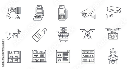 Retail Technology Icons: Barcode Scanner, POS, Security Camera, Drone, Robot