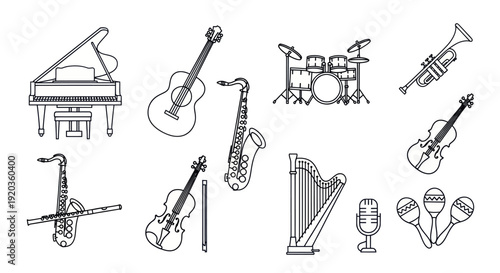 Musical Instruments Collection: Piano, Guitar, Saxophone, Violin, Drums, Trumpet, Harp