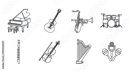 Musical Instruments Collection: Piano, Guitar, Saxophone, Drums, Violin, Harp, Flute, Mic