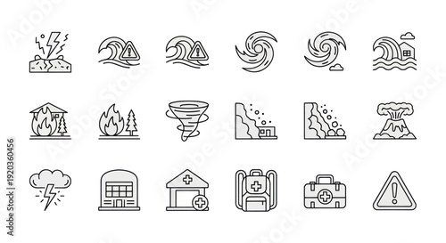 Natural Disaster and Emergency Icons Set: Earthquake, Tsunami, Fire, Tornado, Volcano, Flood