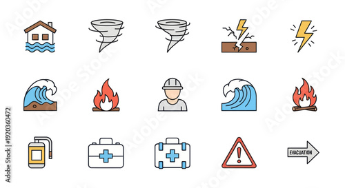 Natural Disaster Icons: Flood, Tornado, Earthquake, Lightning, Fire, Wave, First Aid