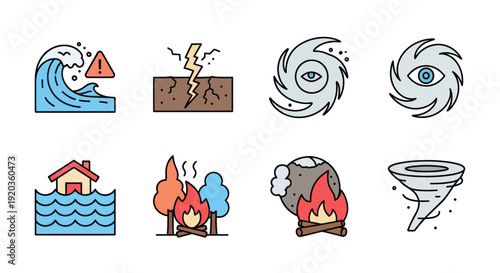 Natural Disaster Icons: Flood, Earthquake, Hurricane, Tornado, Fire, Volcanic Eruption